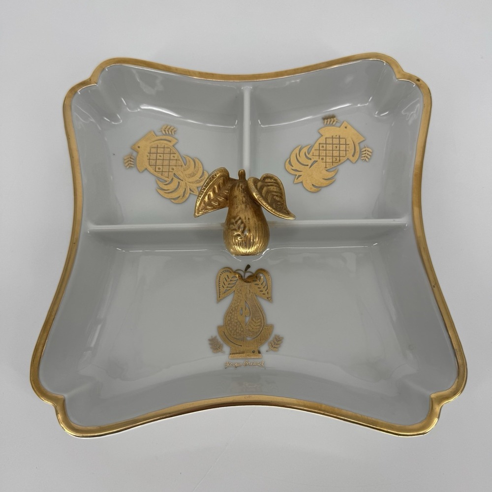 Vintage Georges Briard 3 Section Divided Dish Gold‎ Pear Pineapple MCM Porcelain